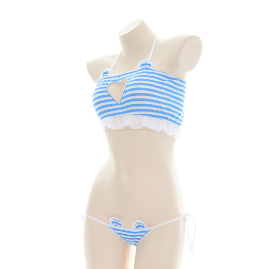 Kawaii White & Blue Striped Mini Bikini